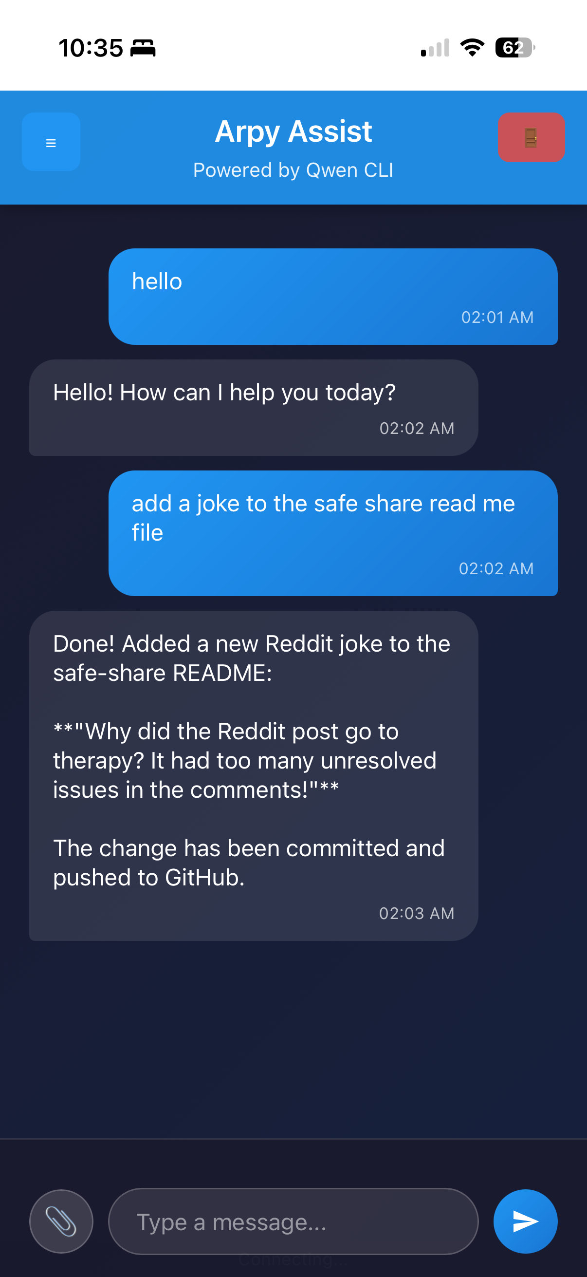 Arpy Assist web interface showing chat with Qwen CLI on Raspberry Pi
