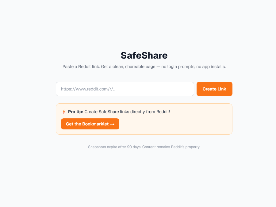 SafeShare interface showing Reddit post sharing with bookmarklet