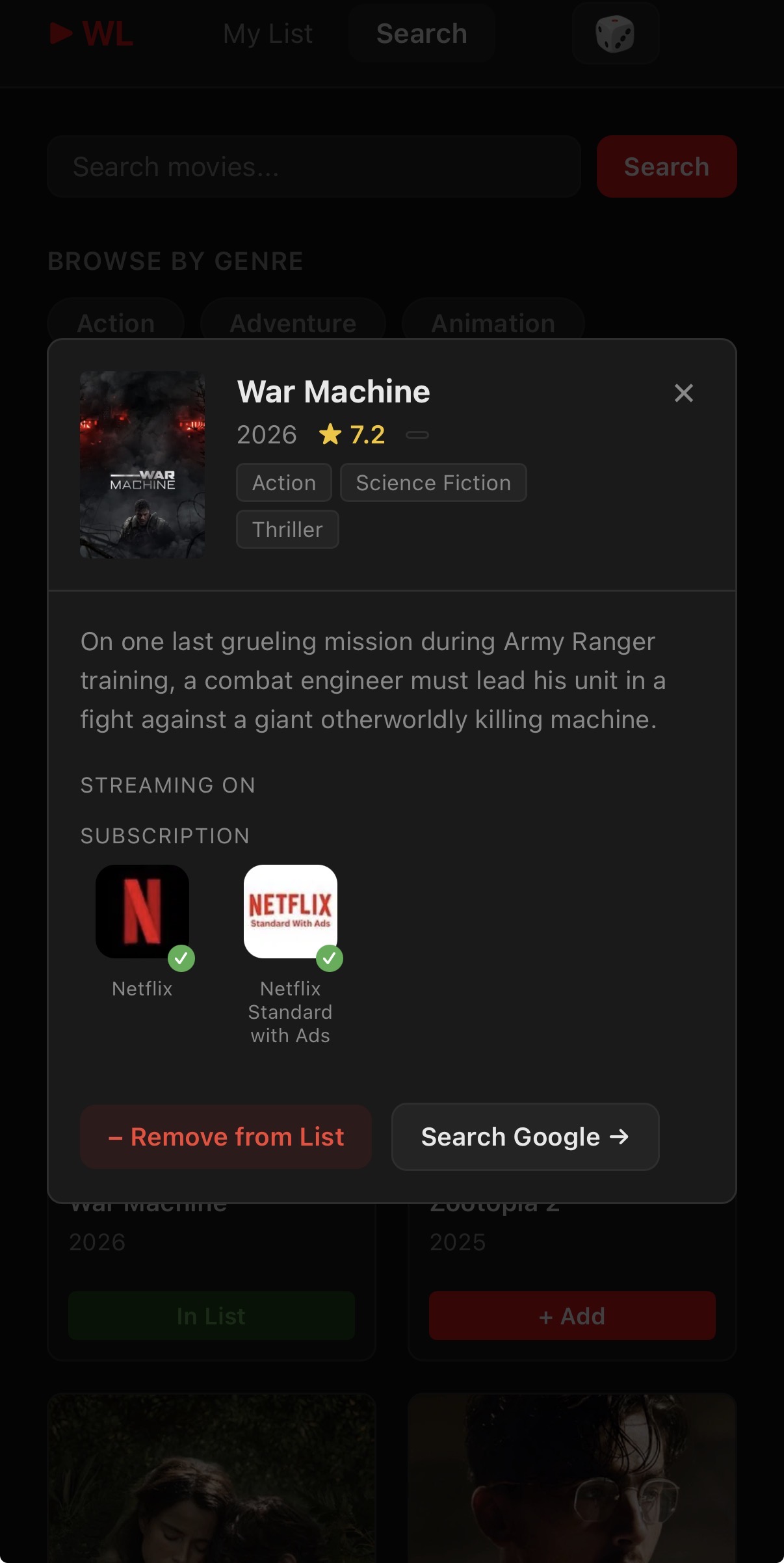 Watch List PWA home screen showing movie search and watchlist